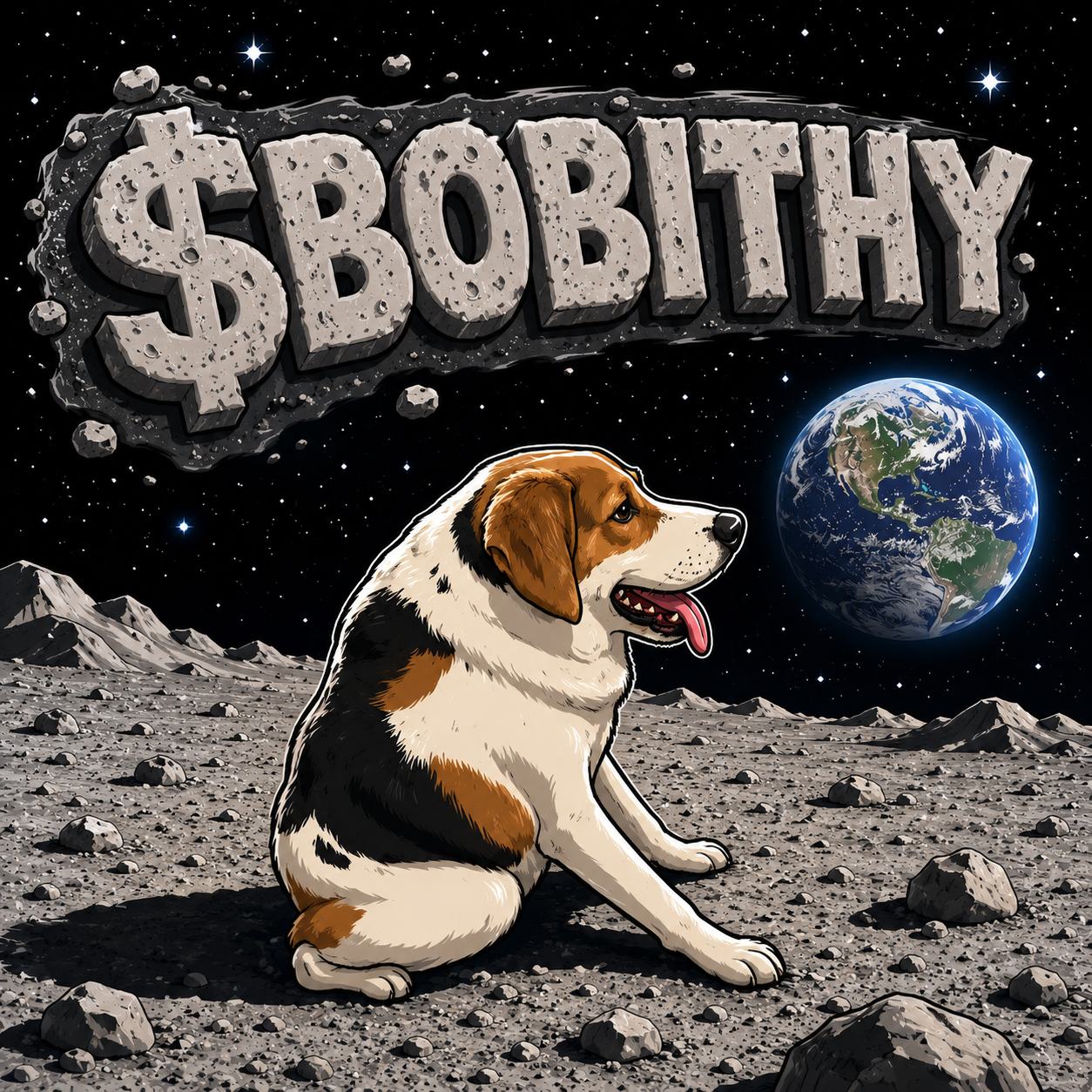 $BOBITHY the moon dog sitting on the lunar surface with Earth in the background